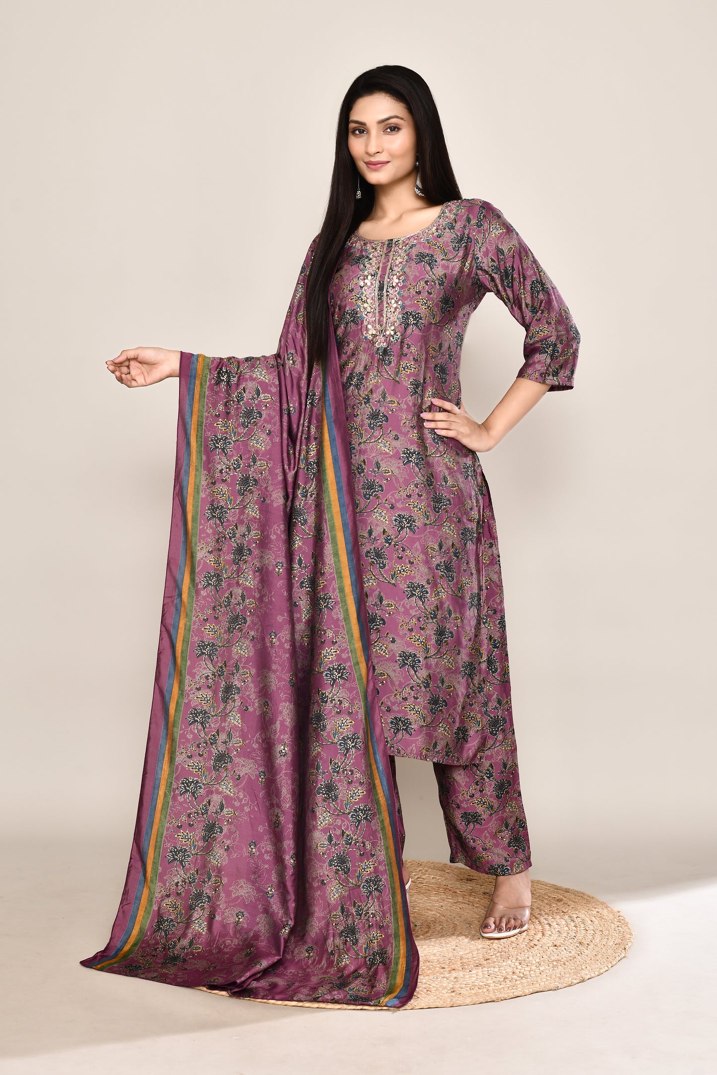 Mauve Foil Printed 3 pcs Gota Patti Suit Set