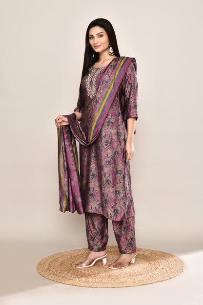 Mauve Foil Printed 3 pcs Gota Patti Suit Set