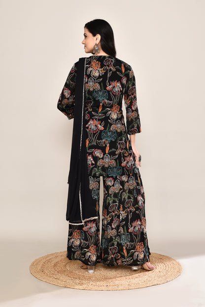 Sharara Black Set Multi-Floral Modern