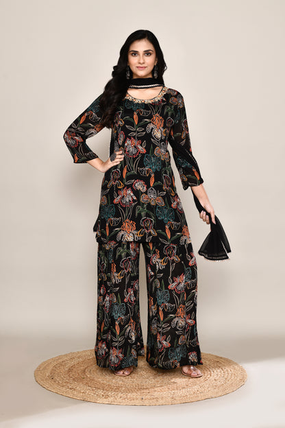 Sharara Black Set Multi-Floral Modern