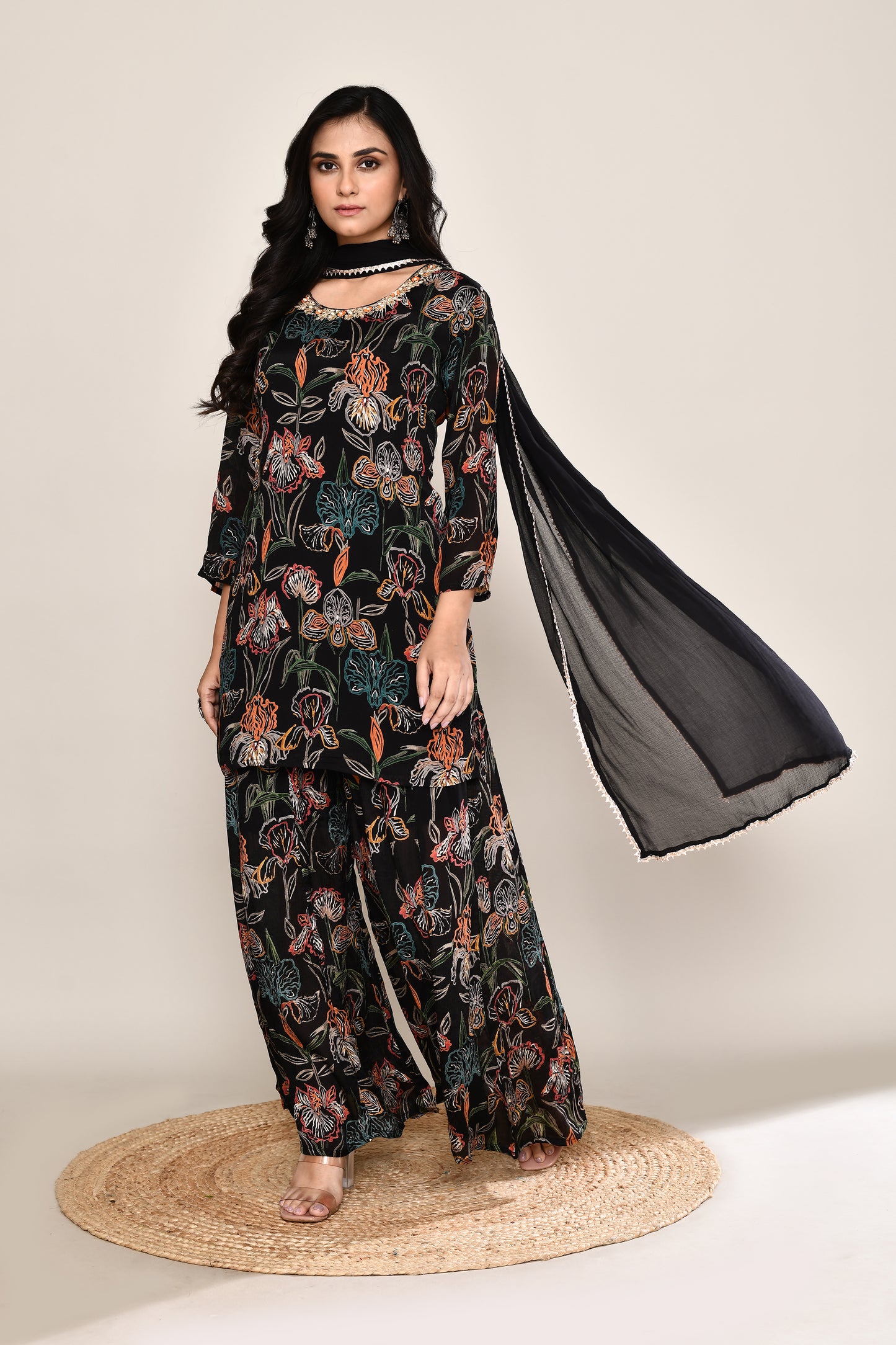 Sharara Black Set Multi-Floral Modern