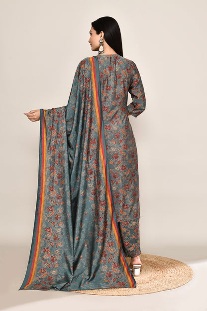 Teal Floral Printed 3 pcs Suit Set With Gota Patti Embroidery