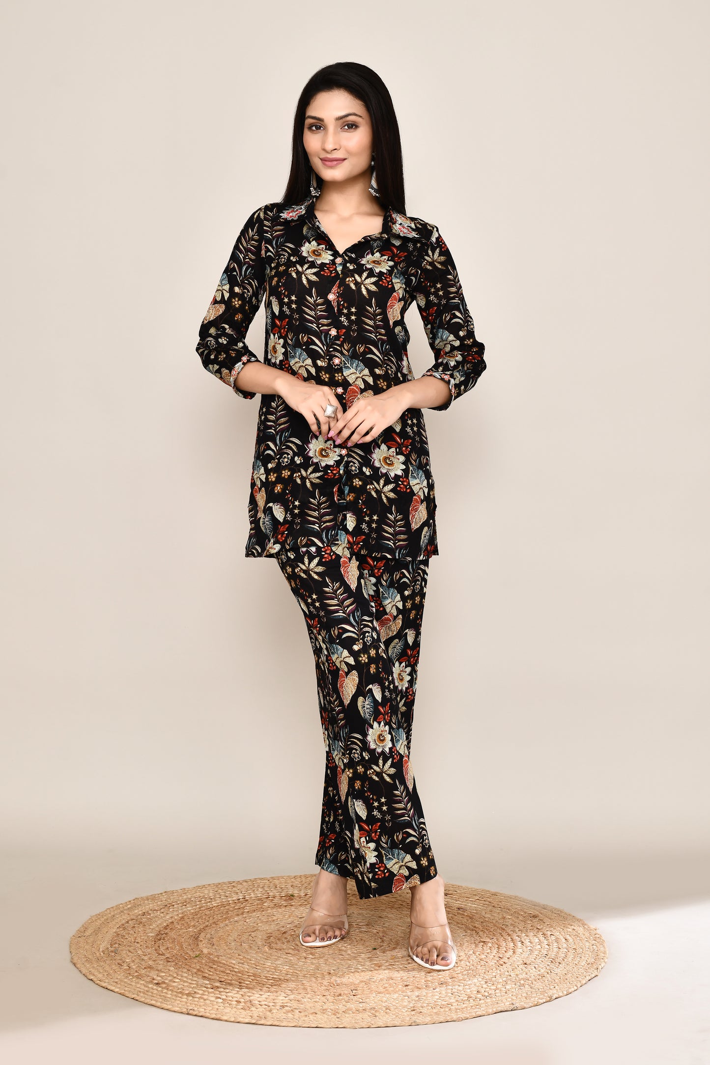 Multi Floral Printed Co-ord Set With Collar