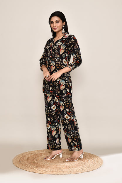 Multi Floral Printed Co-ord Set With Collar