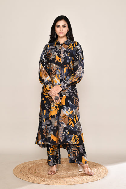 Floral Black Yellow Chrome Smart Kurta Pant Set with Royal Sleeves Design