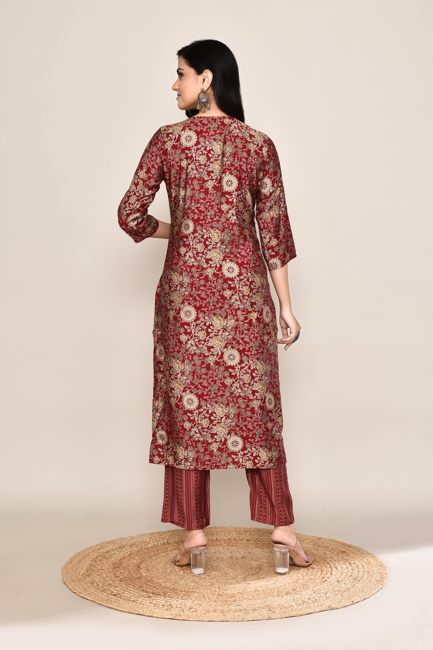 Maroon Foil Print Kurti Set With Geometric Pants and Boho Button