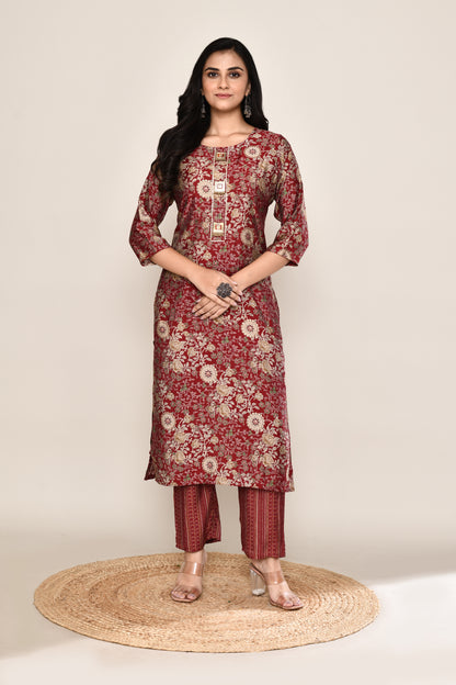 Maroon Foil Print Kurti Set With Geometric Pants and Boho Button