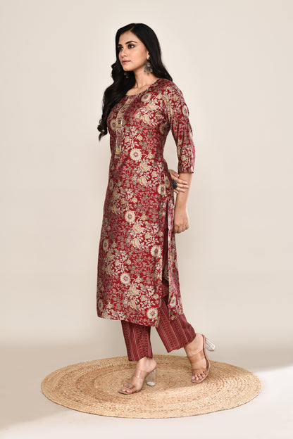 Maroon Foil Print Kurti Set With Geometric Pants and Boho Button