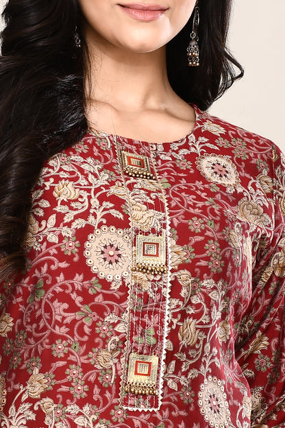 Maroon Foil Print Kurti Set With Geometric Pants and Boho Button