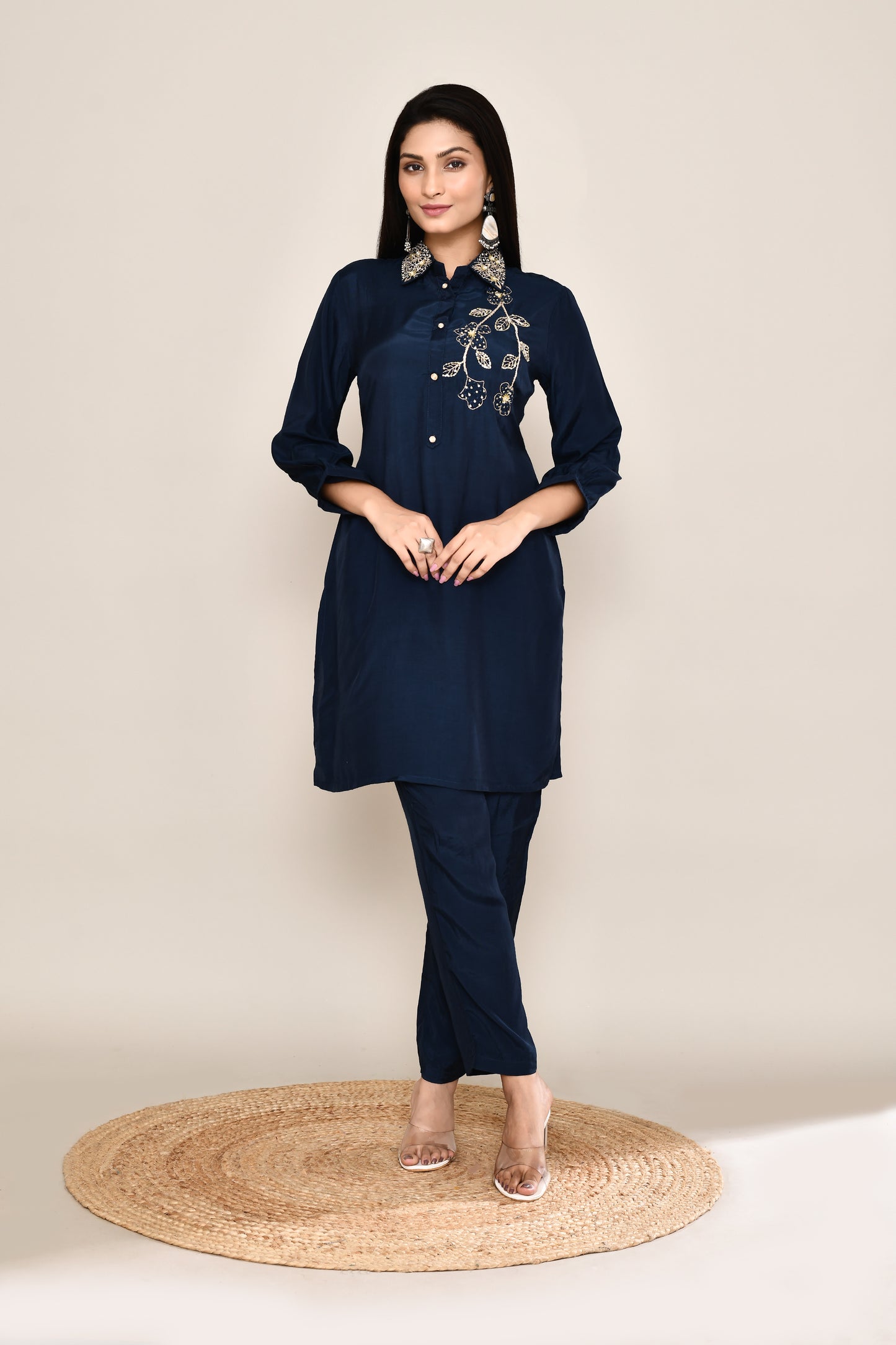 Midnight Blue Festive Co-ord Set With Fancy Zari Embroidery