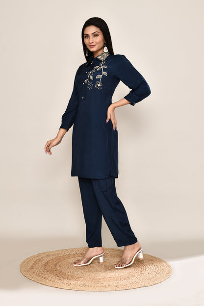 Midnight Blue Festive Co-ord Set With Fancy Zari Embroidery