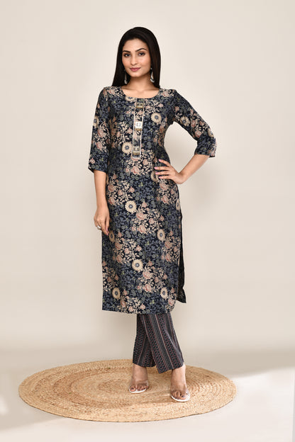 Kurti Set 2 Pcs Black and Blue Floral With Neck Embroidery and Boho Buttons