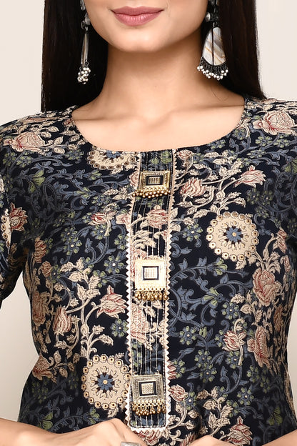 Kurti Set 2 Pcs Black and Blue Floral With Neck Embroidery and Boho Buttons