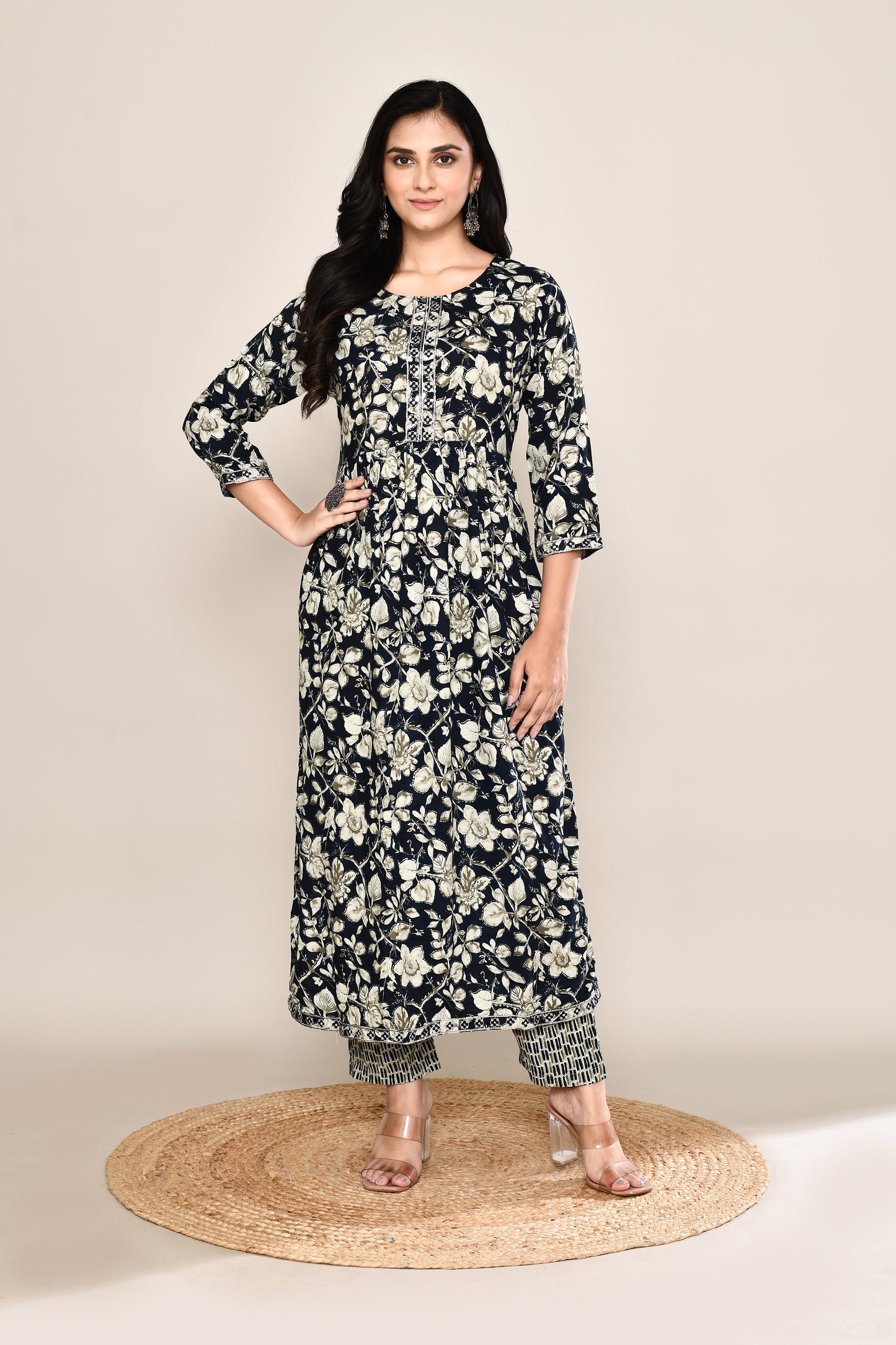 Midnight Blue Floral Printed 2 Pc Set with High Slit and Printed Pants