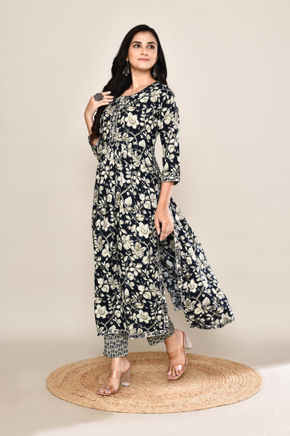 Midnight Blue Floral Printed 2 Pc Set with High Slit and Printed Pants