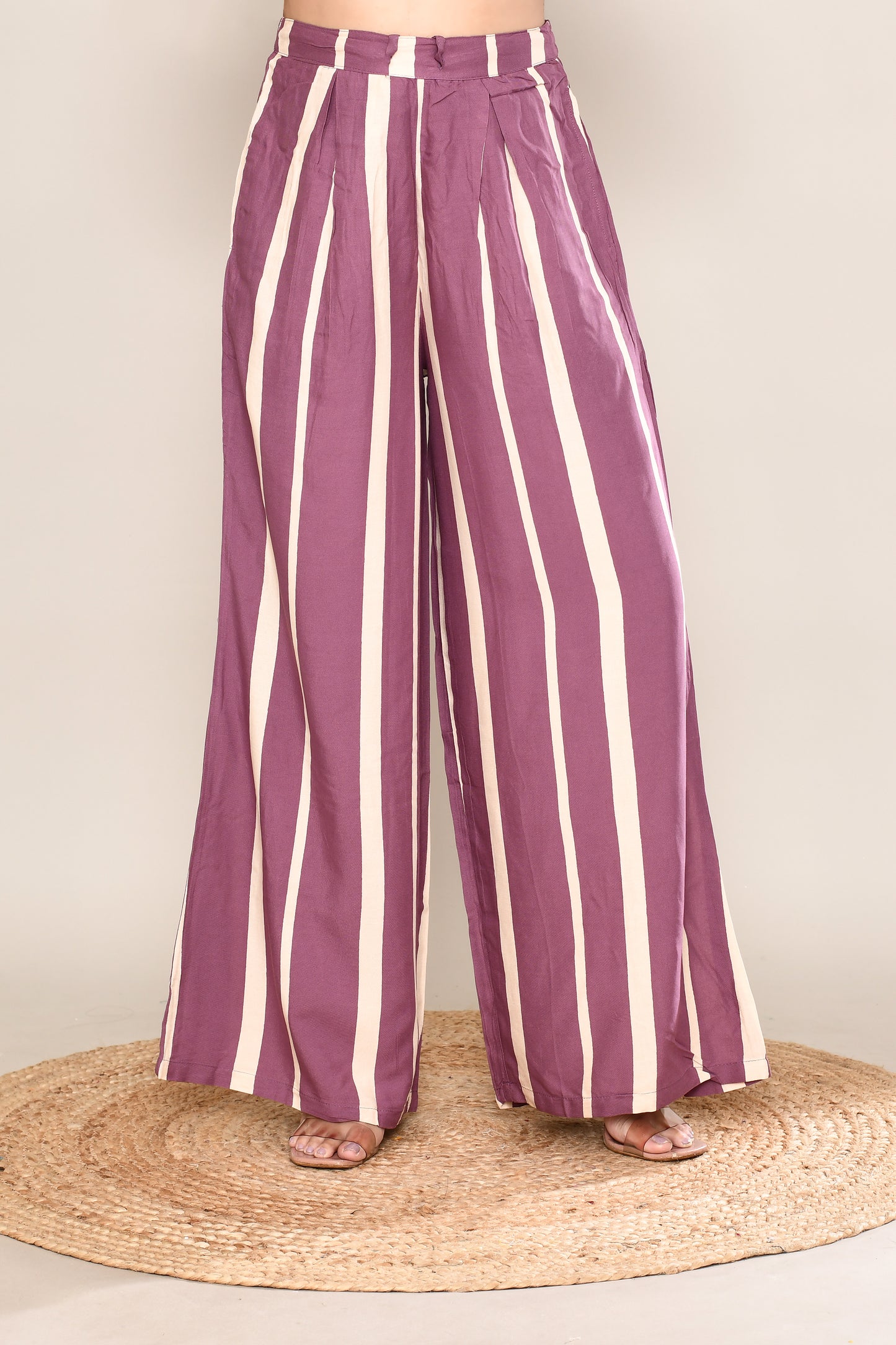 Mauve Elephant Printed 2 Pcs Suit Set with Stripe Pants