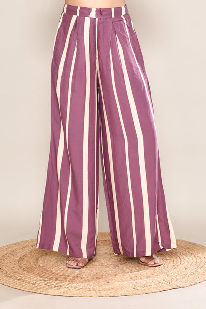 Mauve Elephant Printed 2 Pcs Suit Set with Stripe Pants