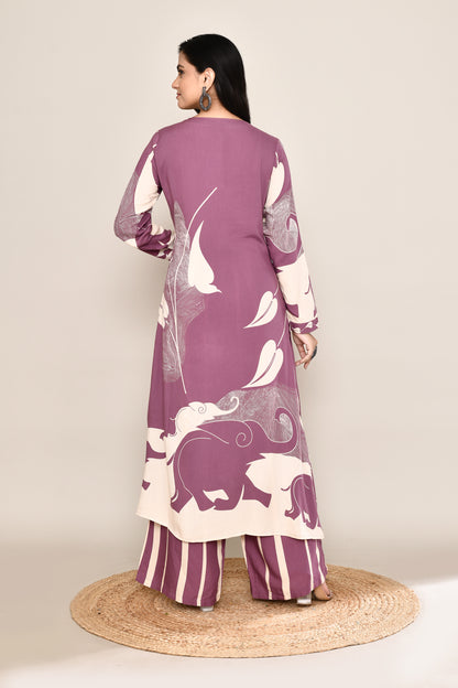 Mauve Elephant Printed 2 Pcs Suit Set with Stripe Pants