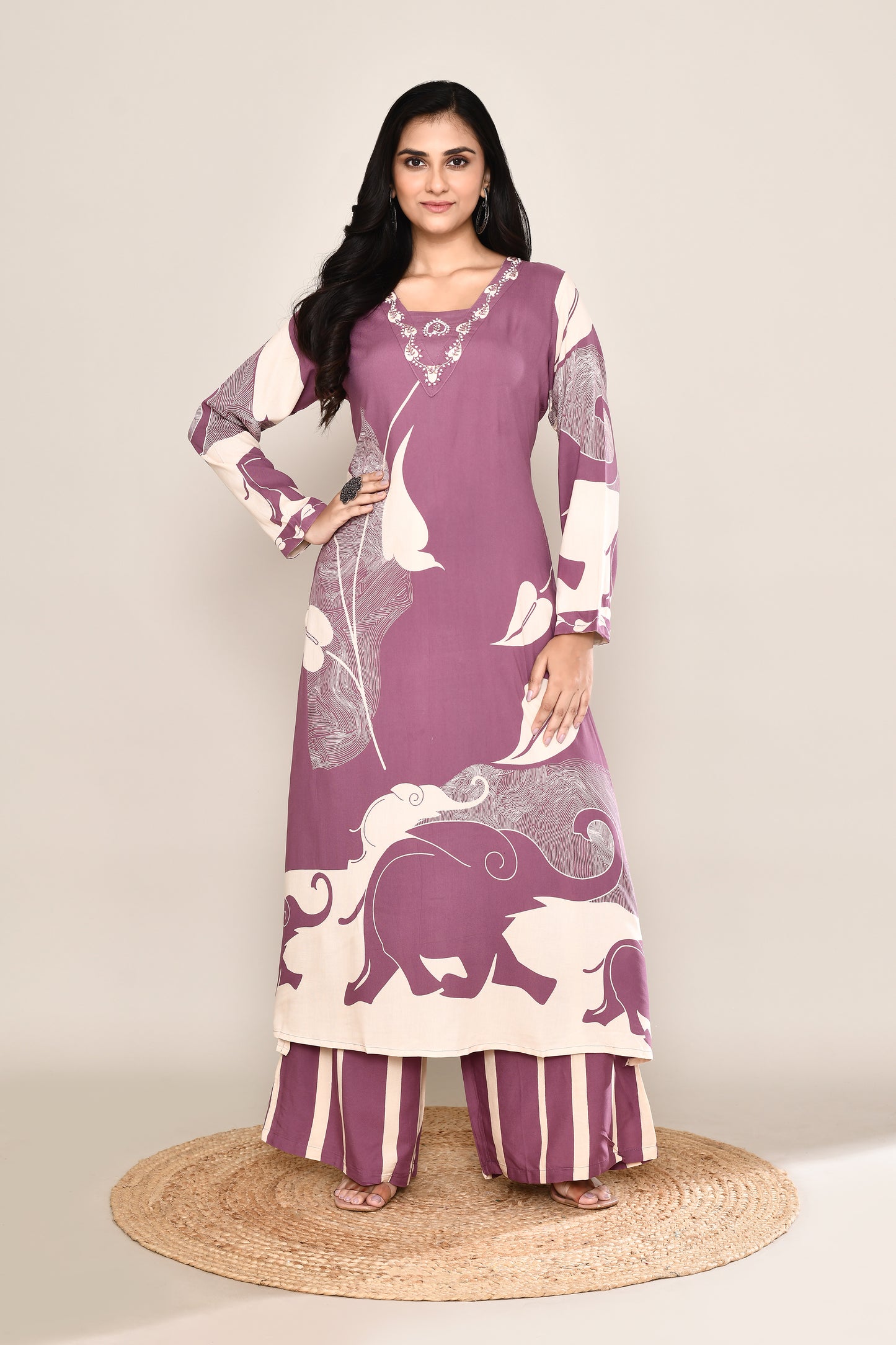 Mauve Elephant Printed 2 Pcs Suit Set with Stripe Pants