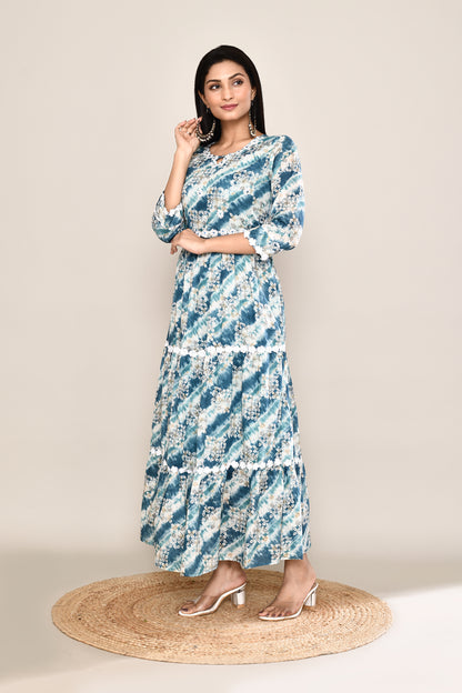 Floral Shibori Midi Dress With Lace and Belt