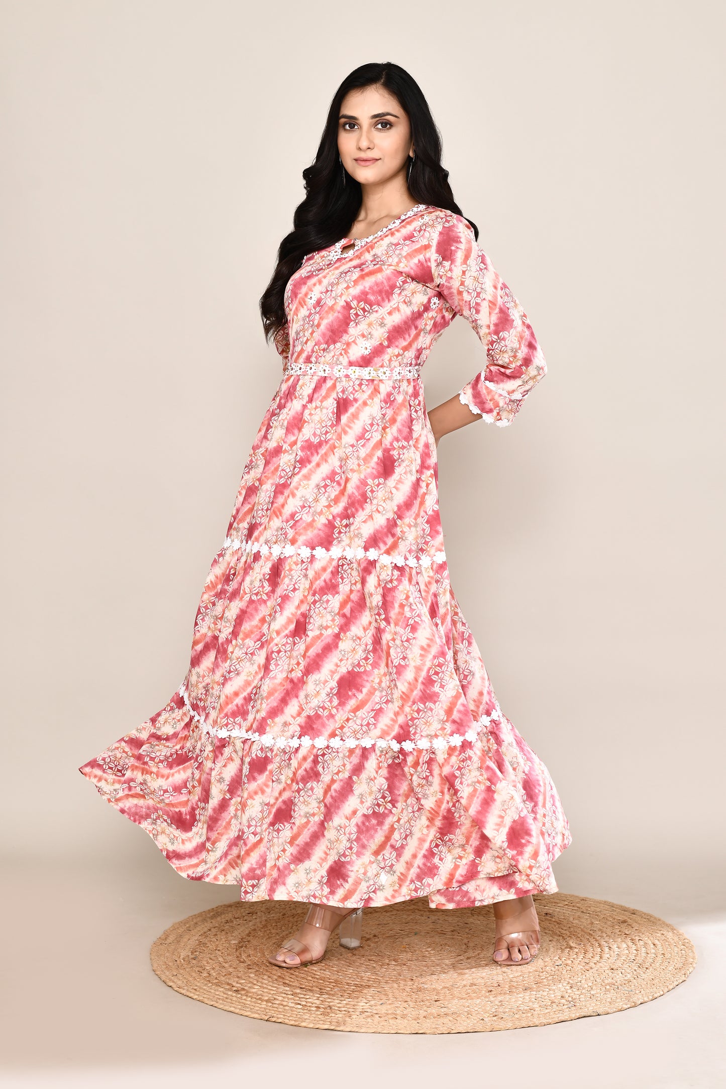 Floral Shibori Midi Dress With Lace and Belt