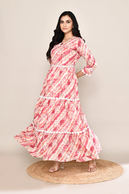 Floral Shibori Midi Dress With Lace and Belt