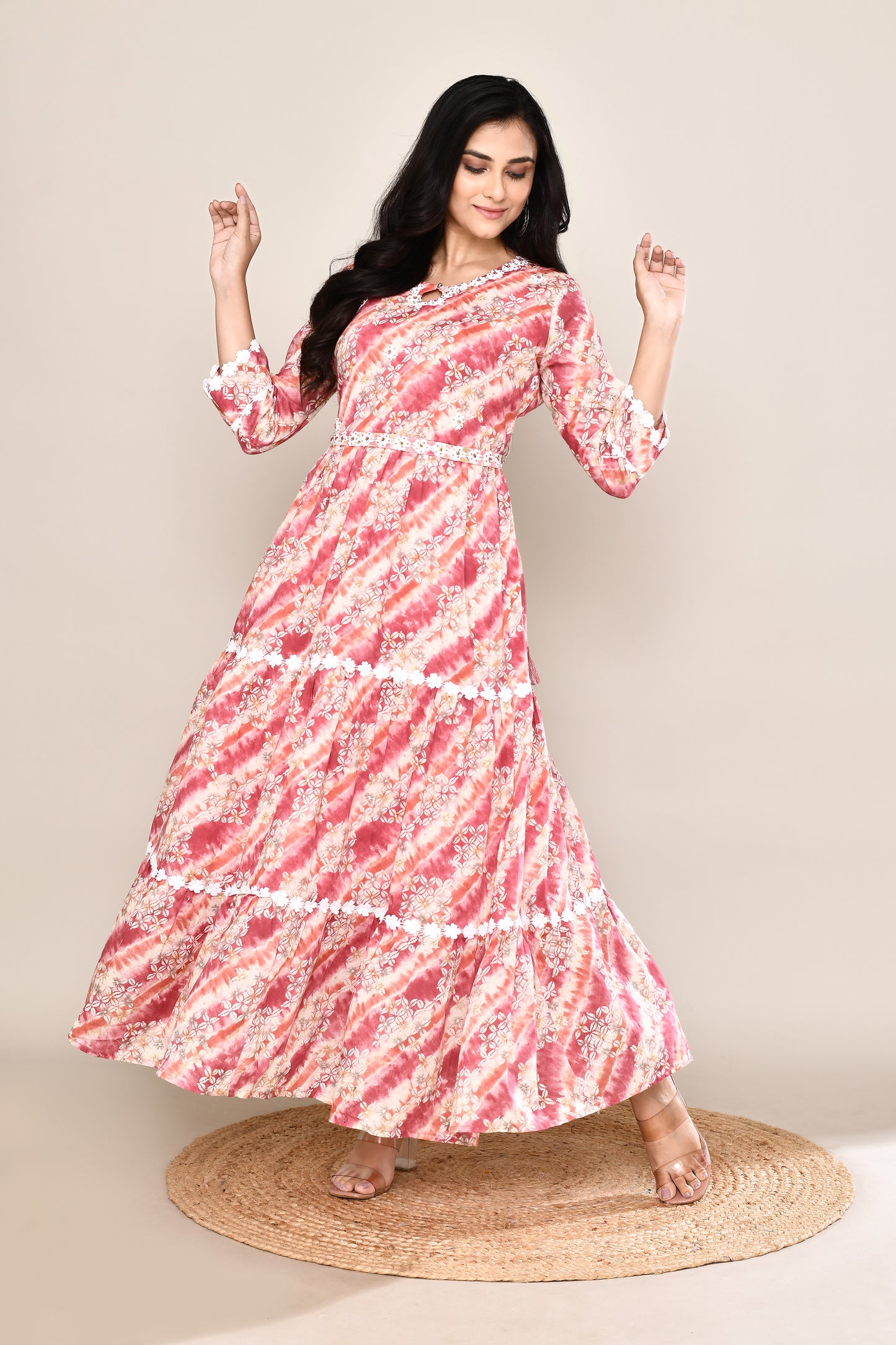 Floral Shibori Midi Dress With Lace and Belt