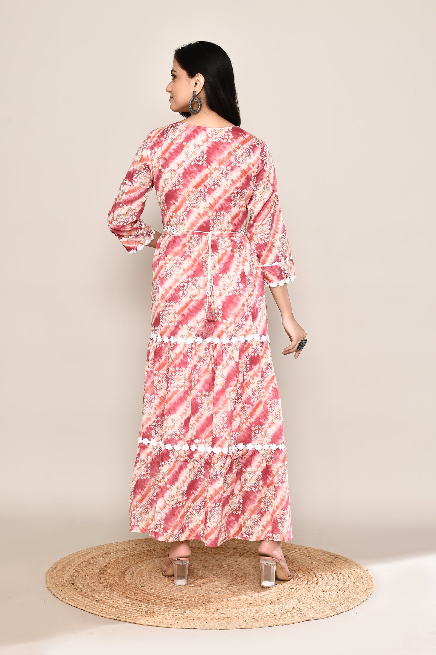 Floral Shibori Midi Dress With Lace and Belt