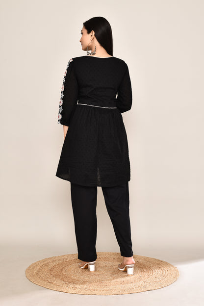 Black Dotted Co-ord Set With Woven Neck Embroidery