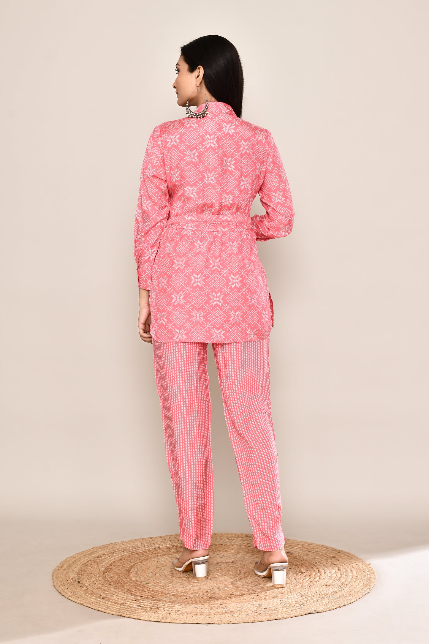 Kimono Style Short Top Pink Co-ord Set With Bandhani Print