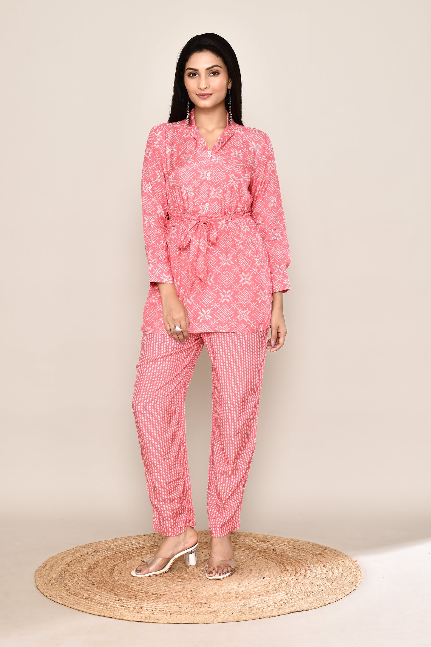 Kimono Style Short Top Pink Co-ord Set With Bandhani Print