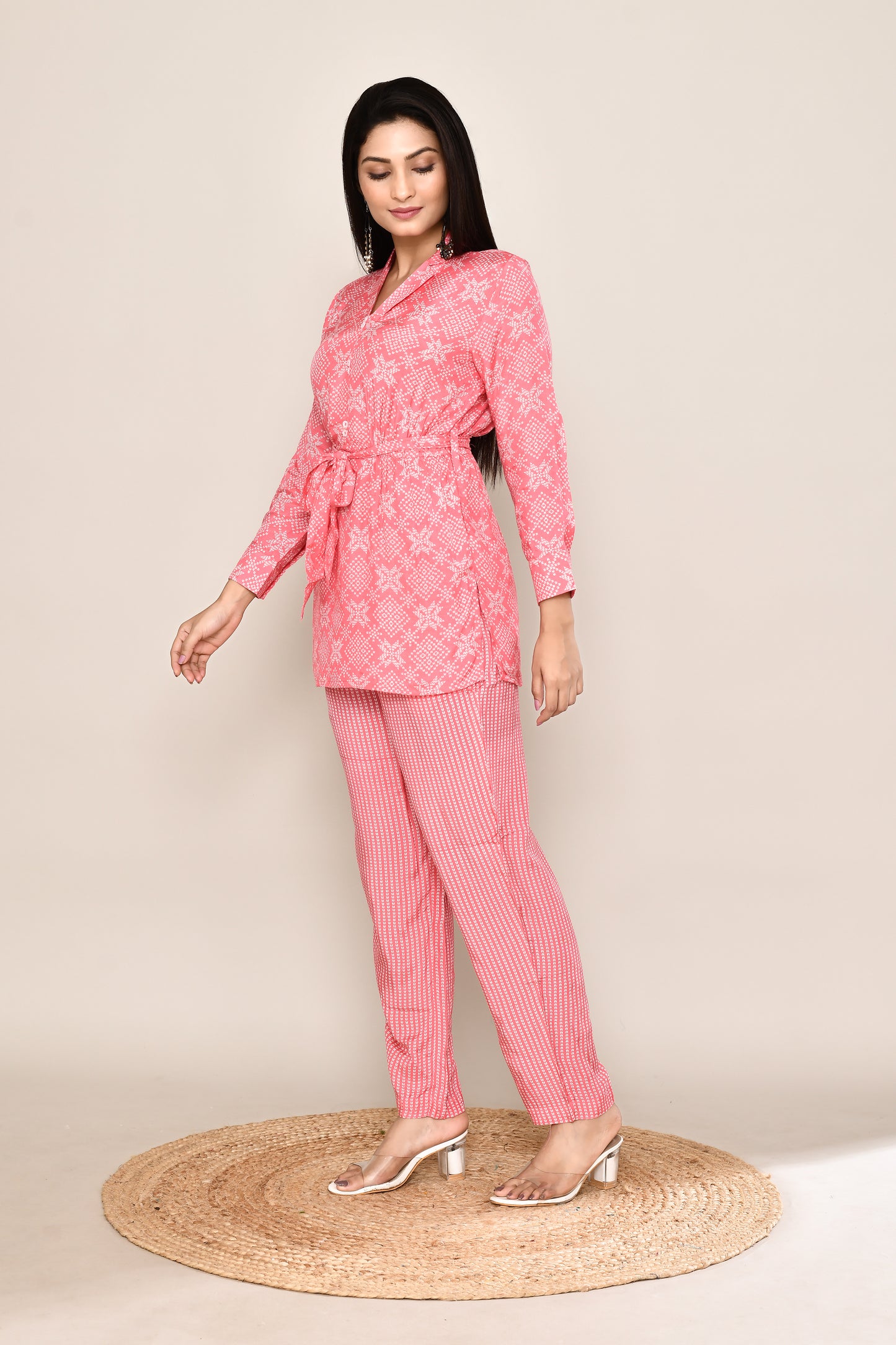 Kimono Style Short Top Pink Co-ord Set With Bandhani Print