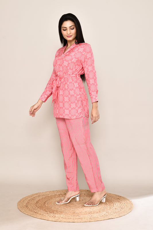 Kimono Style Short Top Pink Co-ord Set With Bandhani Print