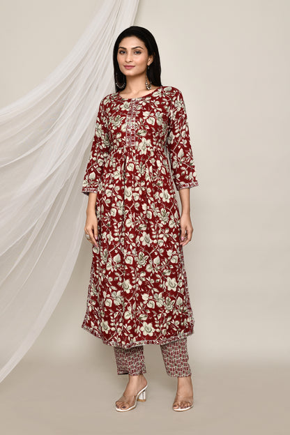 Red Kurta Set With Pants and Fringe Stitch on Neckline