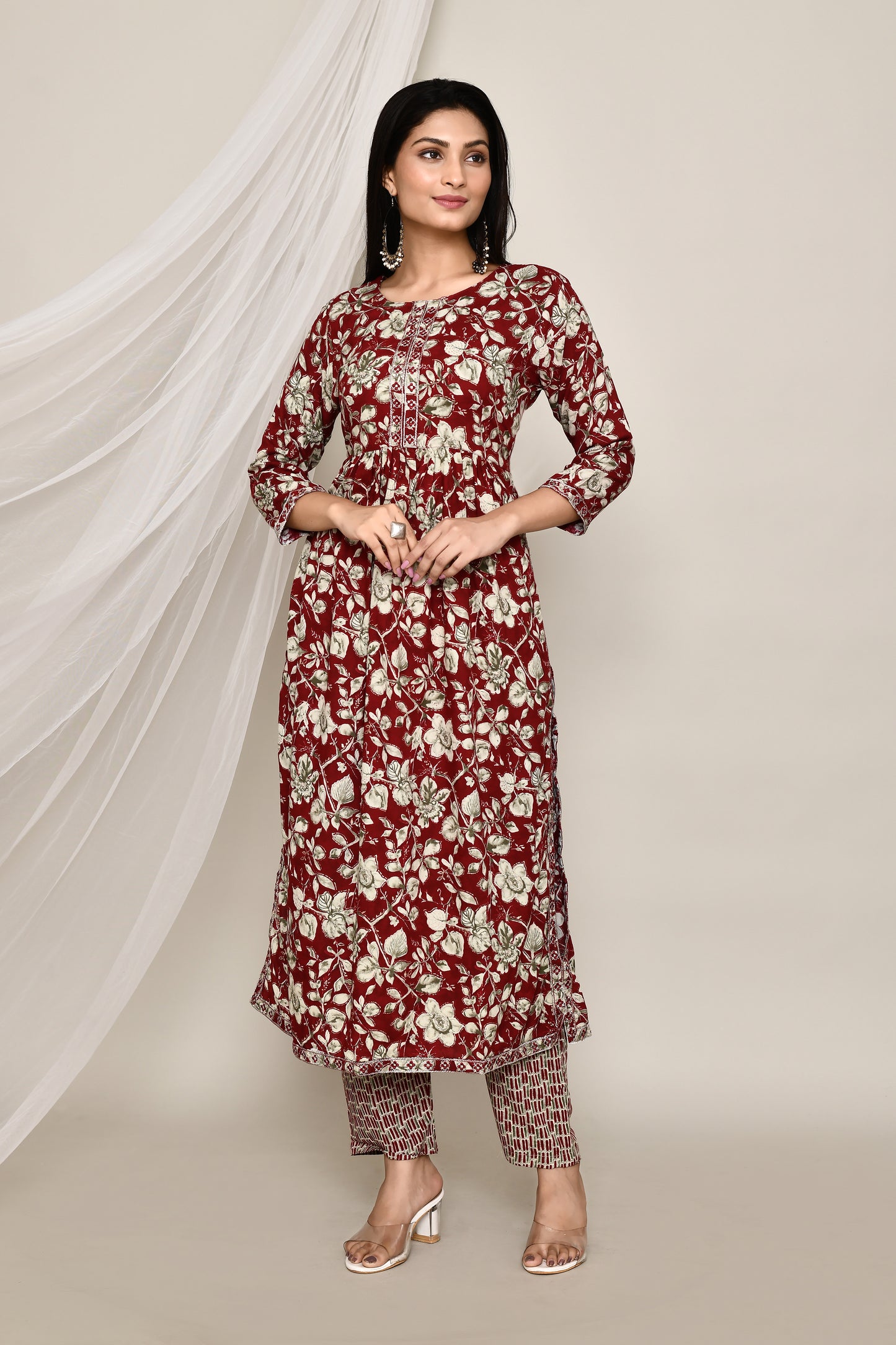 Red Kurta Set With Pants and Fringe Stitch on Neckline