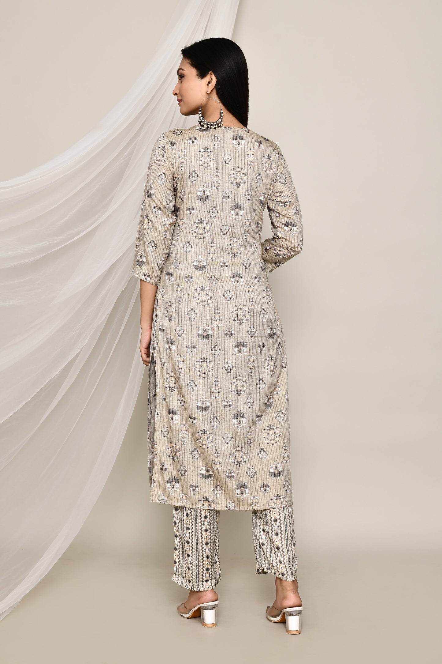 Beige Floral Printed 2 Pcs Kurti Set With Neck Embroidery