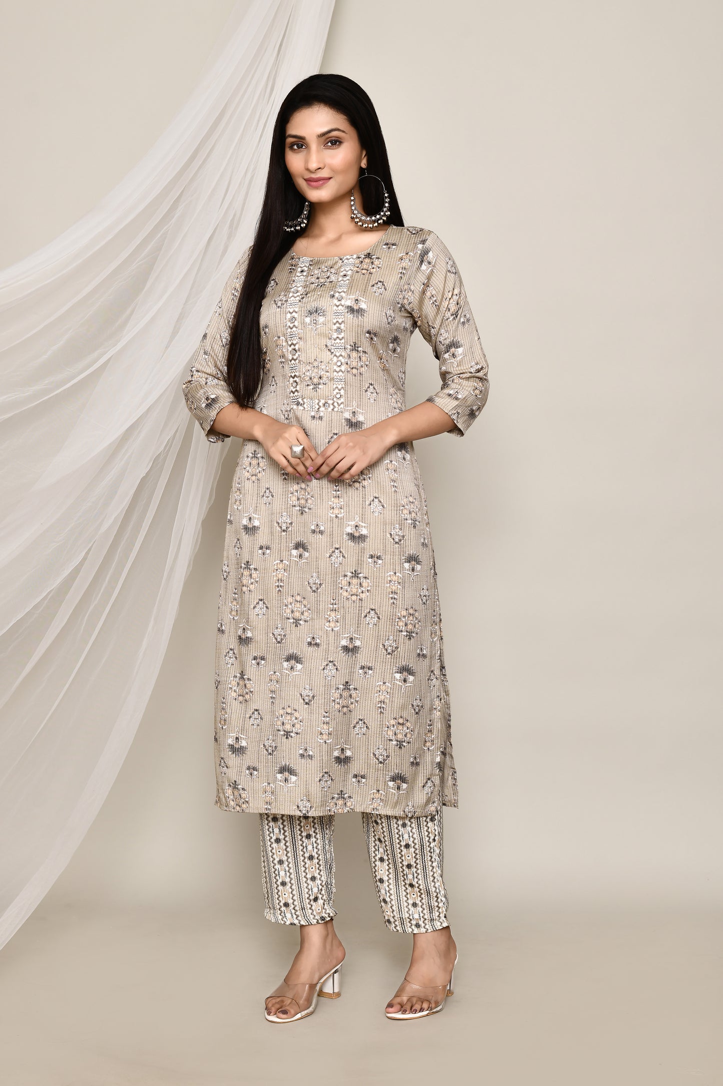 Beige Floral Printed 2 Pcs Kurti Set With Neck Embroidery