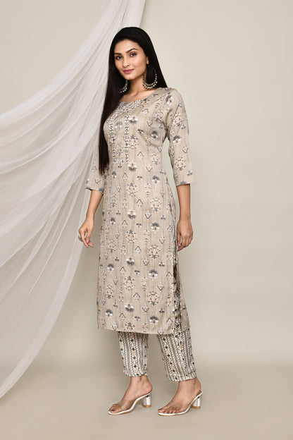 Beige Floral Printed 2 Pcs Kurti Set With Neck Embroidery