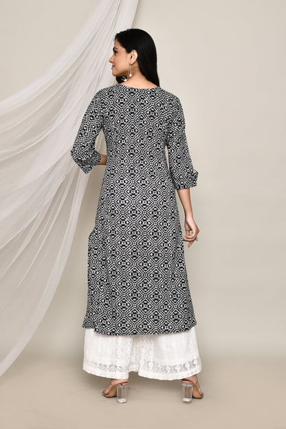 Black And White Printed A-Line Kurta