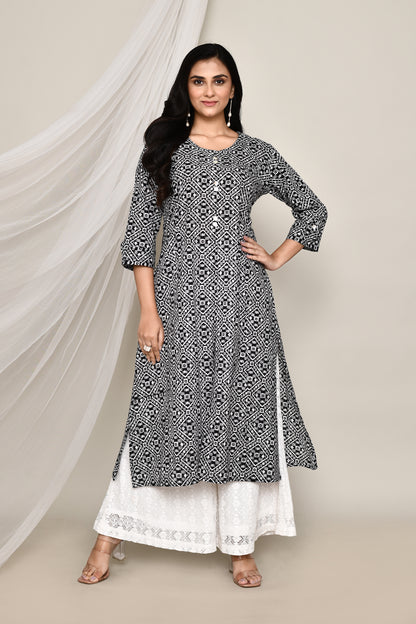 Black And White Printed A-Line Kurta