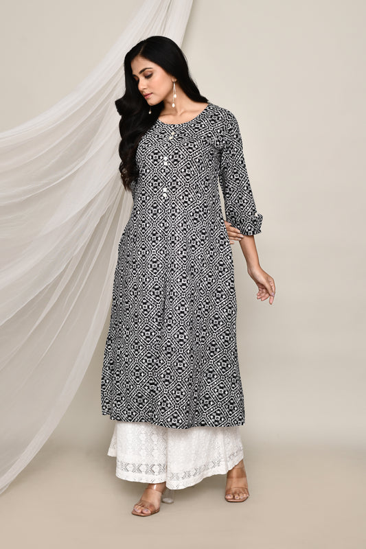 Black And White Printed A-Line Kurta