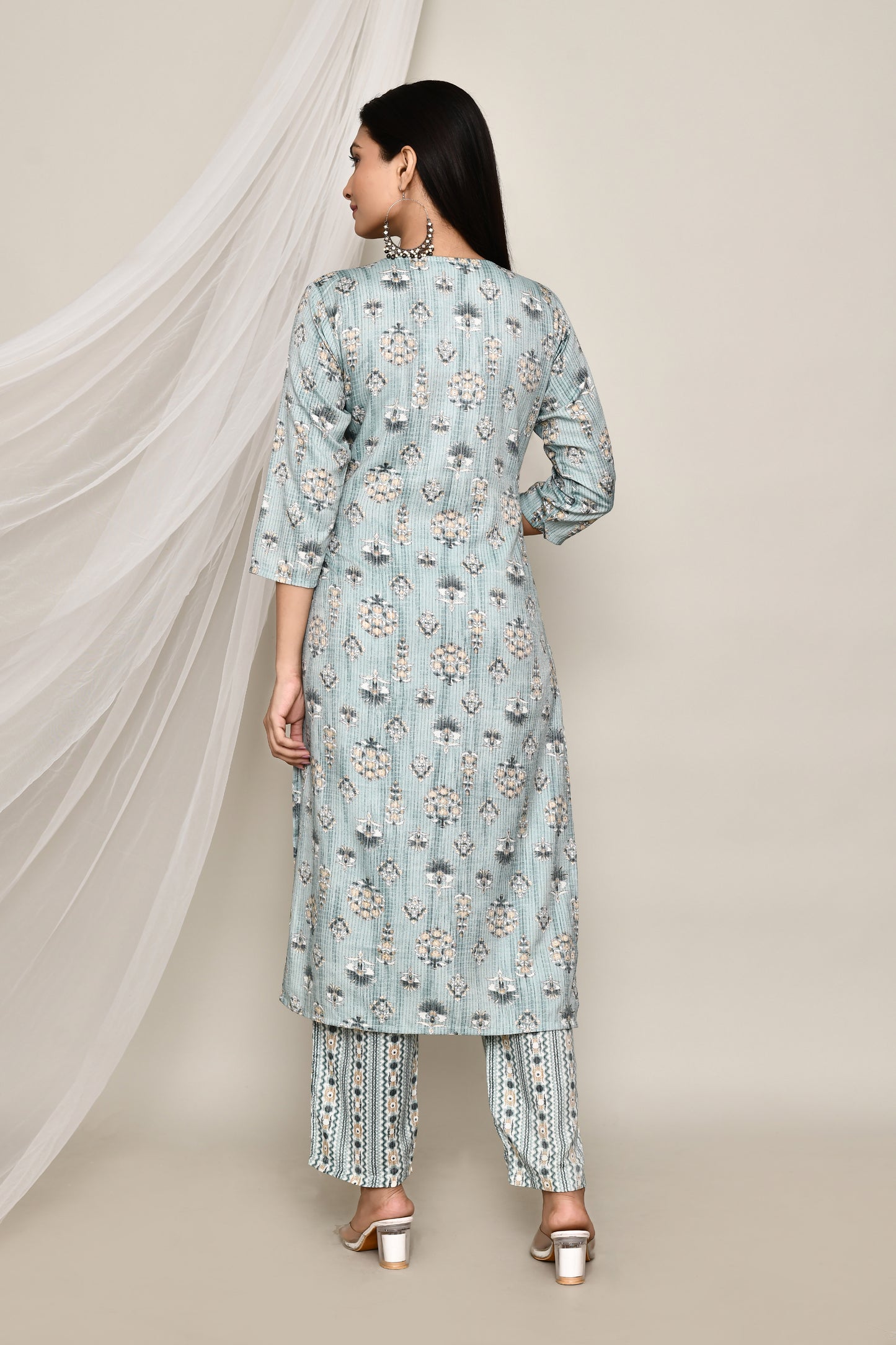 Mint Blue Self Line Stitch Printed 2 Pcs Kurti Set With Highlight