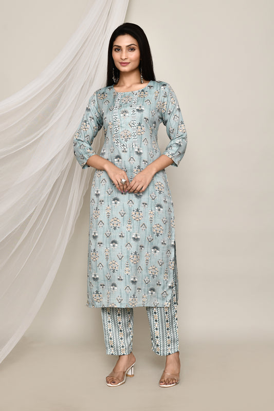 Mint Blue Self Line Stitch Printed 2 Pcs Kurti Set With Highlight