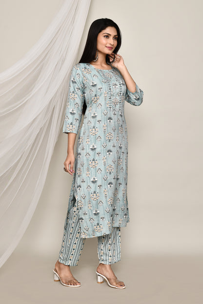 Mint Blue Self Line Stitch Printed 2 Pcs Kurti Set With Highlight