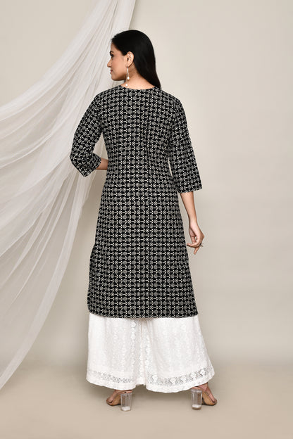 Black and White Floral A-Line Kurta