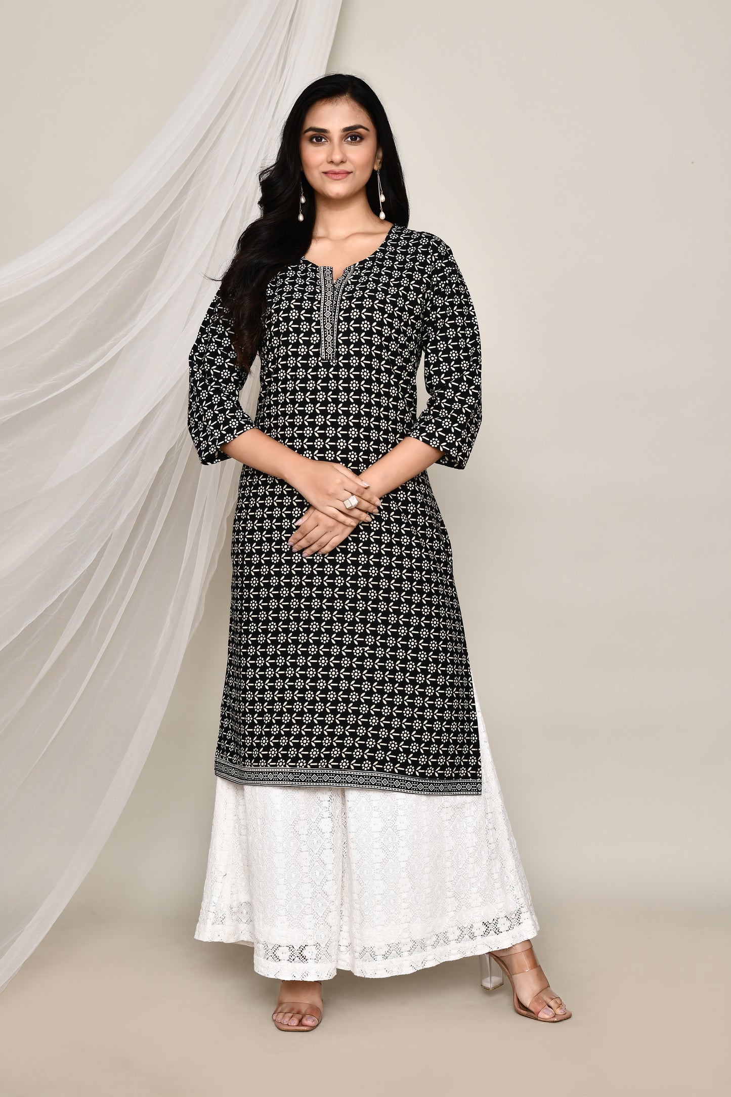 Black and White Floral A-Line Kurta