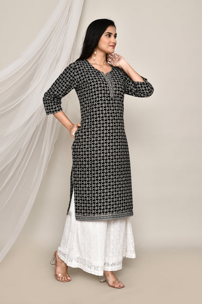 Black and White Floral A-Line Kurta