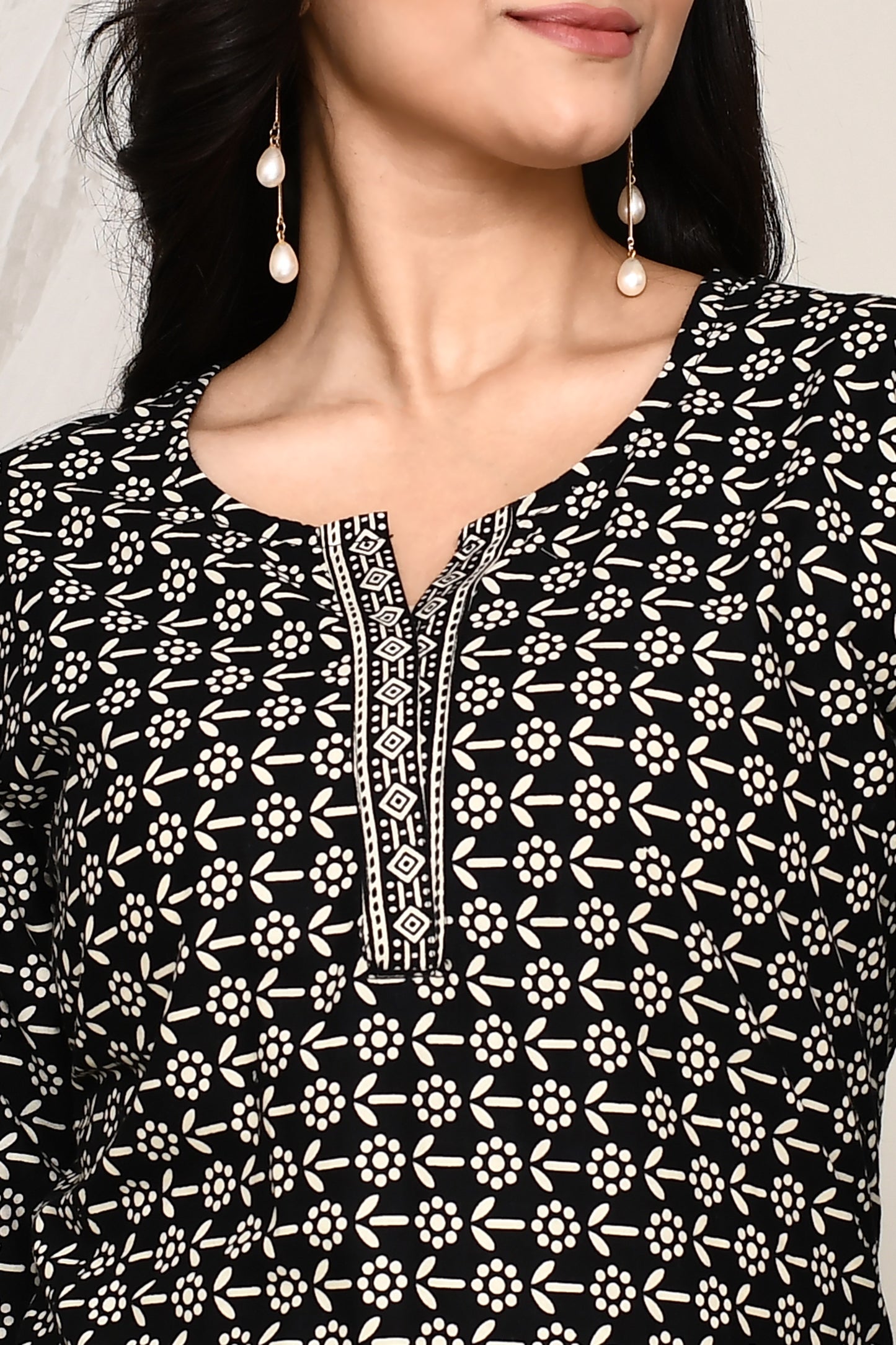 Black and White Floral A-Line Kurta