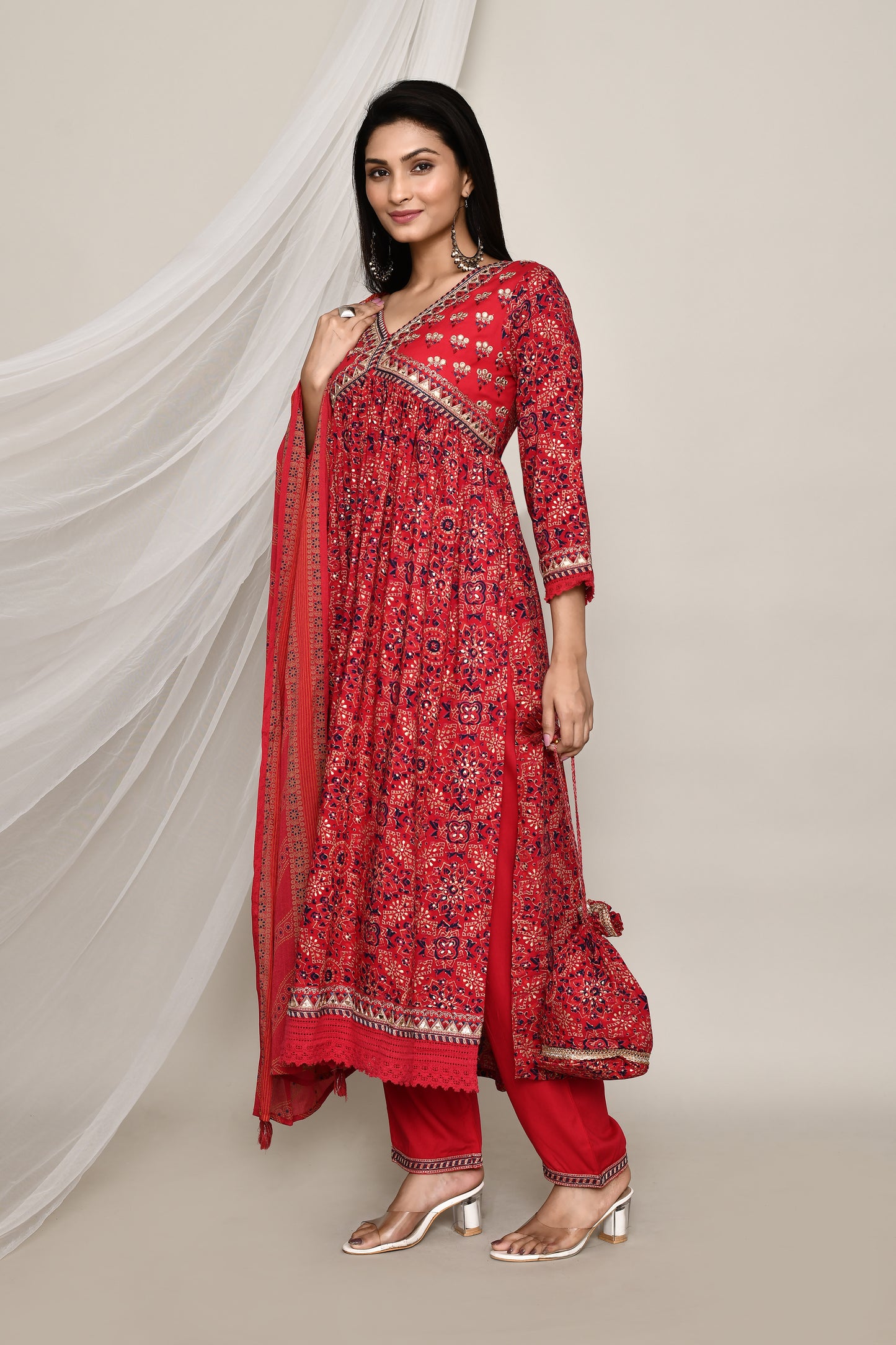 Festive Red Crimson Anarkali With Neck Embroidery And Potli 4PC