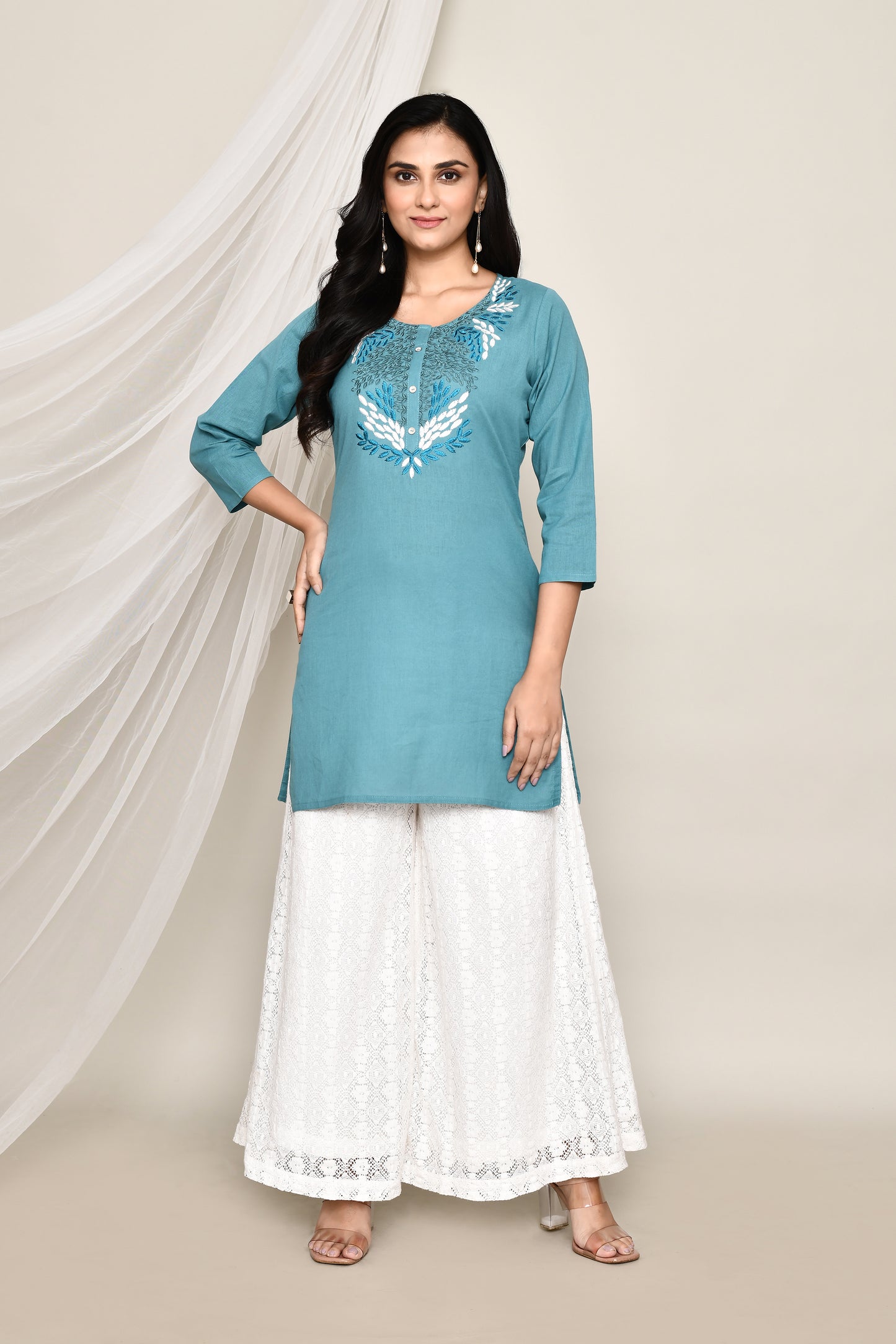 Fancy Short Kurti With Neck Embroidery